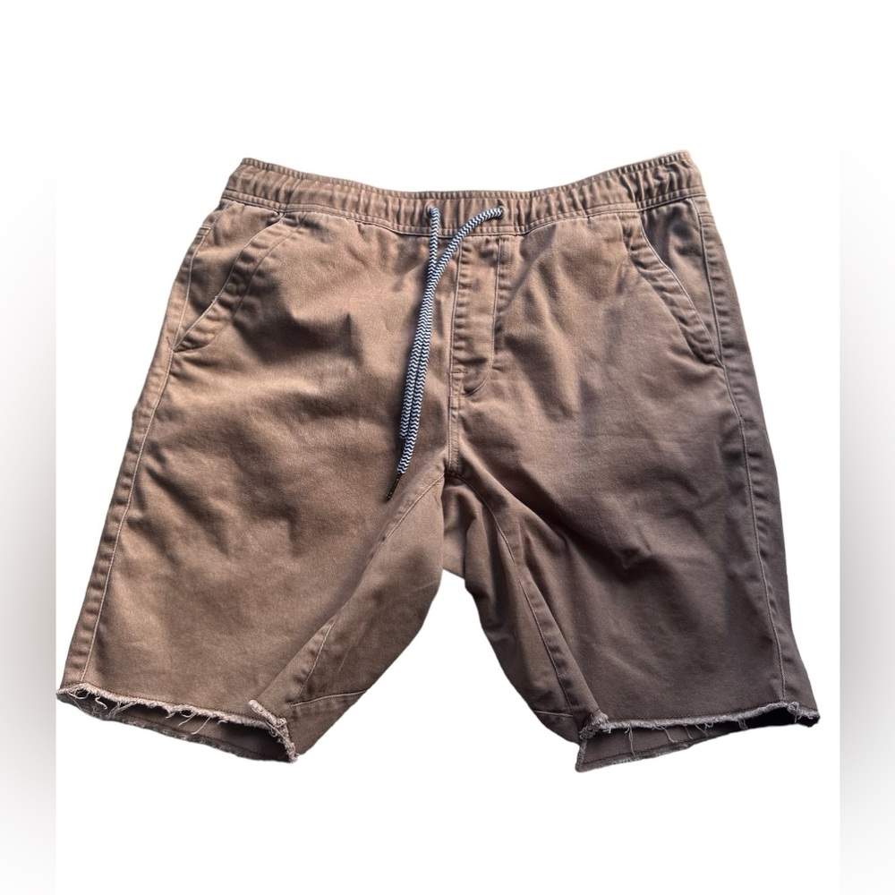 Volcom Chino Jogger Shorts Pull On Elastic Drawstring Shorts Khaki Large Frayed